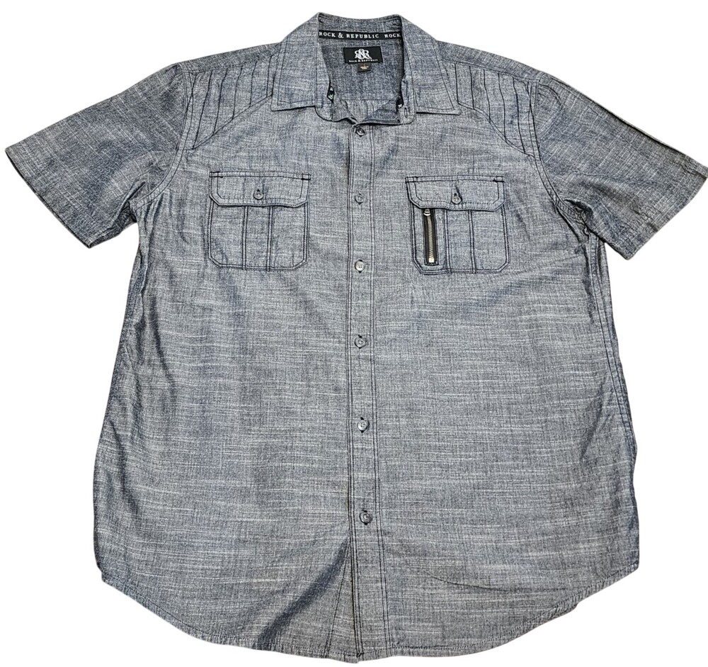 Rock & Republic Men's Gray Short sleeve shirt button down L Edgy, Moto style